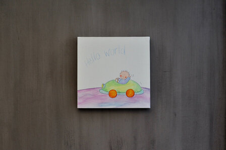 Kinderkamer auto thema, een schilderijtje van Rube &amp; Rutje. De toffe jongen Rube in zijn knappe auto. Hippe babykamer decor