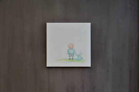 Rube & Rutje babykamer decoratie, handgemaakt schilderijtje. Kinderkamer decoratie baby. Rube en zijn knuffel konijn. Ieder