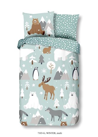 50% solden Kinderkamer winter dekbedovertrek, een dekbedhoes met een print van winter dieren zoals pingu&iuml;ns en rendieren