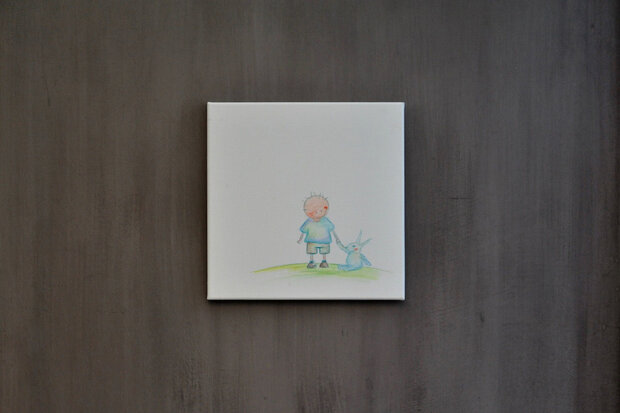 Rube & Rutje babykamer decoratie, handgemaakt schilderijtje. Kinderkamer decoratie baby. Rube en zijn knuffel konijn. Ieder